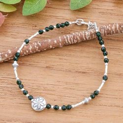 Petals of Forest,'Floral Green Glass and Silver Beaded Bracelet from Thailand'