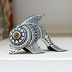 'Sea Life-Themed Black and White Alebrije Dolphin Sculpture'