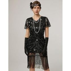 Anni Ruggenti Anni 1920 Lunghezza al ginocchio Abito Flapper Abito da cocktail Maniche corte Il grande Gatsby Ragazza Flapper Paillettes Frange Scollo a V Costume Per donna Natale Carnevale Festa