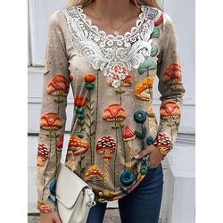 Blusa da donna tunica con pizzo e splicing collo a V maniche lunghe grafica floreale piante vintage casual girocollo tops regolari uscita weekend stampa patchwork in pizzo bianca rosa viola verde