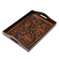 'Floral Bird-Themed Embossed Leather and Wood Serving Tray'
