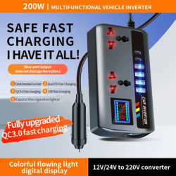 DC 12V/24V to AC 220V 200W Car Inverter PD+QC3.0 Dual Type C+4 USB Ports Phone Charger Cigarette Lighter Power Adapter 9 In 1