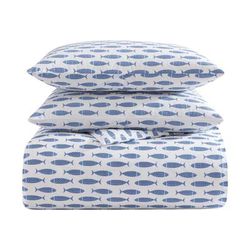 Woodblock Fish Blue Twin Duvet Cover Set