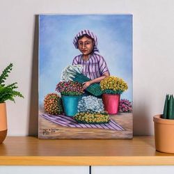 Woman from Santiago Atitlan,'Realist Oil Portrait of Female Flower Vendor from Guatemala'