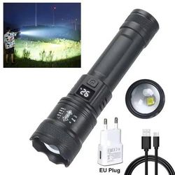 High Power LED Flashlight With Zoom And USB Charging black With Eu Plug