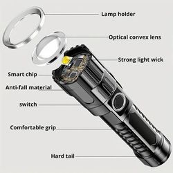 USB Rechargeable LED Flashlight With Telescopic Zoom | Outdoor Strong Light Black