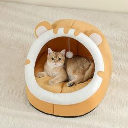 Warm Cat House & Dog Bed, Super Cat Basket Tent With Cave Cushion For Kittens & Small Dogs yellow l