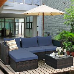 Modern 5 Piece Rattan Patio Sectional Set, Includes Cushions & Tempered Glass Coffee Table Modern 5 Piece Rattan Patio Sectional Set, Includes Cushions & Tempered Glass Coffee Table