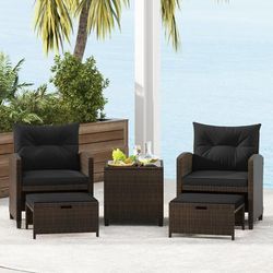 5 Piece Patio Rattan Furniture Set With 2 Ottomans & Tempered Glass Coffee Table Outdoor Wicker Conversation Set 5 Piece Patio Rattan Furniture Set With 2 Ottomans & Tempered Glass Coffee Table Outdoor Wicker Conversation Set