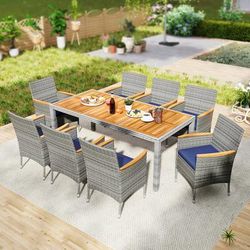 9 Piece Patio PE Wicker Dining Set For Deck, Garden & Yard, Acacia Wood Tabletop & Cushioned Chairs 9 Piece Patio PE Wicker Dining Set For Deck, Garden & Yard, Acacia Wood Tabletop & Cushioned Chairs