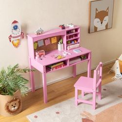 Kids Desk And Chair Set With Hutch & Bulletin Board, Wooden Study Station For Ages 3+ Kids Desk And Chair Set With Hutch & Bulletin Board, Wooden Study Station For Ages 3+