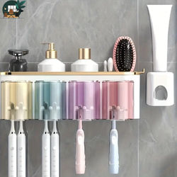 Wall mounted Toothbrush Holder With Toothpaste Squeezer Space Saving Organizer Contains 4 Cups + Toothpaste S