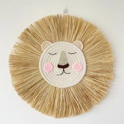 Nordic Handmade Lion Wall Decor: Cotton Thread Straw Woven Animal Head Ornament For Nursery & Baby Room 2