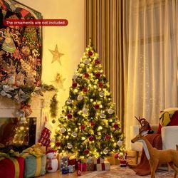 6FT Pre lit Snow Flocked Christmas Tree With Red Berries, Pine Cones & 8 Lighting Modes, Artificial Holiday Tree 6FT Pre lit Snow Flocked Christmas Tree With Red Berries, Pine Cones & 8 Lighting Modes, Artificial Holiday Tree