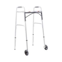McKesson Dual Release Folding Walker with Wheels Adjustable Height Aluminum Frame 350 lbs. Weight Capacity 32 to 39 Inch Height (1076176_EA)