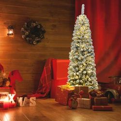 6 Ft Pre Lit Snow Flocked Artificial Pencil Christmas Tree, 250 Warm White LED Lights 6 Ft Pre Lit Snow Flocked Artificial Pencil Christmas Tree, 250 Warm White LED Lights