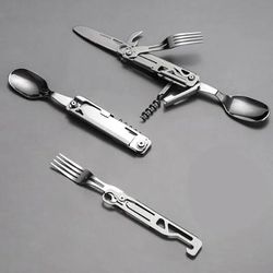 Portable Stainless Steel Camping Cutlery Set Knife Fork Spoon Opener Foldable Outdoor Equipment Portable Stainless Steel Camping Cutlery Set Knife Fork Spoon Opener Foldable Outdoor Equipment