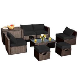 8 Piece Patio Space Saving Rattan Furniture Set With Storage Box & Waterproof Cover, All Weather Outdoor Seating 8 Piece Patio Space Saving Rattan Furniture Set With Storage Box & Waterproof Cover, All Weather Outdoor Seating