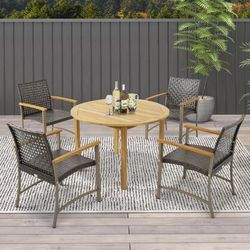 4 Piece Rattan Dining Chairs With Acacia Wood Armrests, Weather Resistant Patio Furniture Set 4 Piece Rattan Dining Chairs With Acacia Wood Armrests, Weather Resistant Patio Furniture Set