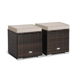 Outdoor Patio Ottoman Set With Hidden Storage, Rattan Cushioned Footrest & Side Table For Balcony, Deck & Backyard Outdoor Patio Ottoman Set With Hidden Storage, Rattan Cushioned Footrest & Side Table For Balcony, Deck & Backyard