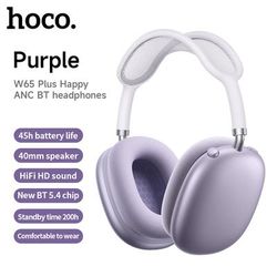 W65 Plus Over Ear Wireless Bluetooth Headphones, ANC Noise Canceling Sport Headsets, Hifi Sound Big Earphone purple