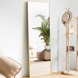 Modern Full Body Mirror With Stand Or Wall Mount 64x21 Inch Aluminum Frame gold rectangle