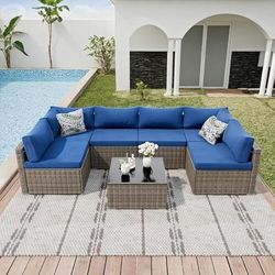7 Piece Outdoor Patio Furniture Set All Weather PE Rattan Sectional Sofa With Table blue Gray