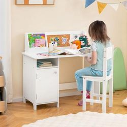 Wooden Kids Study Desk And Chair Set With Storage Cabinet & Bulletin Board, Complete Learning Station Wooden Kids Study Desk And Chair Set With Storage Cabinet & Bulletin Board, Complete Learning Station