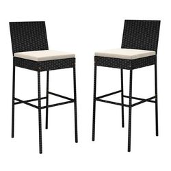 Set Of Patio Wicker Barstools With Cushioned Seats, Footrest & Backrest, Outdoor Bar Chairs For Backyard Or Poolside Set Of Patio Wicker Barstools With Cushioned Seats, Footrest & Backrest, Outdoor Bar Chairs For Backyard Or Poolside