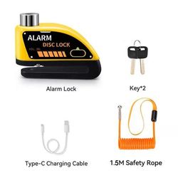 Motorcycle Alarm Disc Brake Lock 120dB Anti Theft Padlock yellow And 1.5m Rope