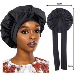 New Satin Sleeping Cap For Women, Solid Wide Band Stretch Bonnet For Hair Care & Night Protection black