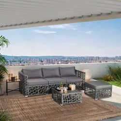5 Piece Patio PE Rattan Wicker Sofa Furniture Set, All Weather Gray Outdoor Sectional With Tempered Glass Table 5 Piece Patio PE Rattan Wicker Sofa Furniture Set, All Weather Gray Outdoor Sectional With Tempered Glass Table