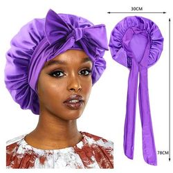 New Satin Sleeping Cap For Women, Solid Wide Band Stretch Bonnet For Hair Care & Night Protection purple