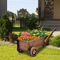 Rustic Wooden Wagon Planter, Rolling Plant Box With Handles & Drainage Rustic Wooden Wagon Planter, Rolling Plant Box With Handles & Drainage