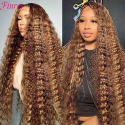 Honey Blonde Highlight Human Hair Wig, Deep Wave Lace Front HD Lace Frontal Curly Brazilian Wig For Women 13x6 Lace Wig 26inches 200%