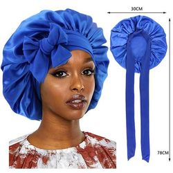 New Satin Sleeping Cap For Women, Solid Wide Band Stretch Bonnet For Hair Care & Night Protection royal Blue