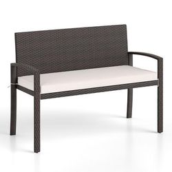 Outdoor Wicker Bench With Metal Frame And Cushioned Seat, Weather Resistant Patio Loveseat For Backyard Or Deck Outdoor Wicker Bench With Metal Frame And Cushioned Seat, Weather Resistant Patio Loveseat For Backyard Or Deck
