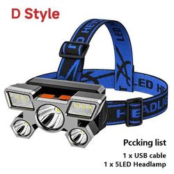 Strong LED Headlamp Flashlight, Rechargeable Built In Battery, 5 LED Light For Camping, Adventure & Fishing type D1