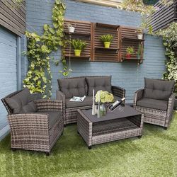 4 Piece Patio Rattan Furniture Set With Coffee Table & Cushioned Sofa, Modern Outdoor Lounge Set 4 Piece Patio Rattan Furniture Set With Coffee Table & Cushioned Sofa, Modern Outdoor Lounge Set