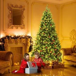 7.5 Feet Pre Lit Hinged Christmas Tree With 550 LED Lights, Pine Cones & Red Berries, Realistic Spruce With Metal Stand 7.5 Feet Pre Lit Hinged Christmas Tree With 550 LED Lights, Pine Cones & Red Berries, Realistic Spruce With Metal Stand