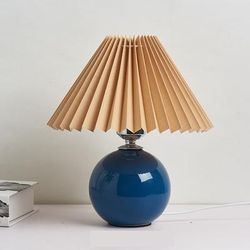 Decorative Vintage Pleated Table Lamp Ceramic Base With LED E27 Tricolor Bulb, Night Light For Bedroom blue N Brown