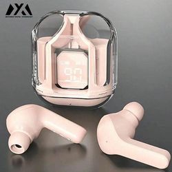 Air31 Wireless Headphones LED Power Display, Crystal Earphones With Mic, 200mAh Charging Case, Stereo Audio pink