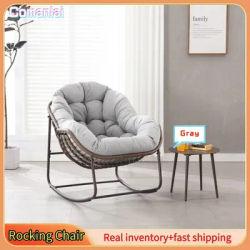 Comanlai Chaise à bascule, chaise à bascule surdimensionnée en forme d'œuf en osier pour patio, chaise à bascule confortable intérieure et extérieure avec coussin épais, gris