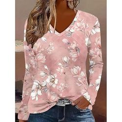 Pasqua Per donna Maglietta Floreale Grafico Piante Vintage Elegante Classico Manica Lunga Scollo a V Top Regolari Quotidiano Stampato Rosa Primavera Autunno Inverno