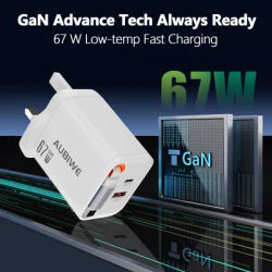 UK 67W 3-in-1 Fast Charging Charger with Retractable USB-C Cable, Includes 1 USB-C and 1 USB-A Port, Compact and Portable.