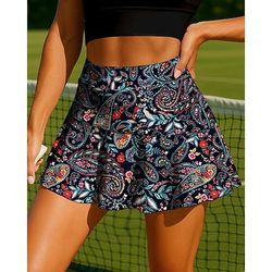 Per donna Paisley Piante Floreale Gonne da tennis Patchwork Tasca 2 in 1 UPF50 Resistente ai Raggi UV Multistrato Pallavolo Tennis Badminton Pantaloncini Gonna Nero Abbigliamento da tennis