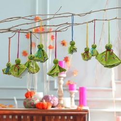 Green Spooky Dolls,'9 Green Viscose Doll Halloween Ornaments with Embroidery'