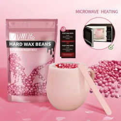 Viilife DIY At Home Microwave Waxing Kit Pink - Hard Wax Beads with Melting Cup & Applicator for Face & Body Hair Removal