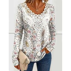 Blusa da donna tunica pizzo splicing scollo a V manica lunga grafica paisley piante scollo rotondo top regolari stampa quotidiana per uscite weekend pizzo patchwork nero primavera autunno prefestivo