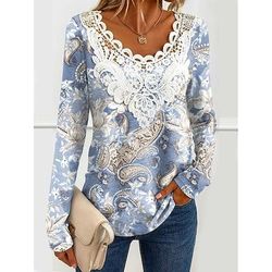 Blusa da donna tunica pizzo splicing scollo a V manica lunga grafica paisley piante scollo rotondo top regolari stampa quotidiana per uscite weekend pizzo patchwork nero primavera autunno prefestivo